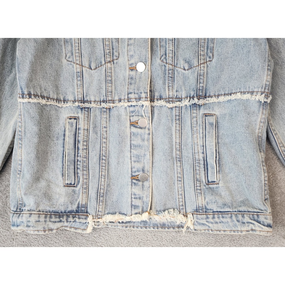 Polagram Jean Jacket Womens Small Light Wash Frayed Hem Denim Trucker Preppy - Picture 7 of 10